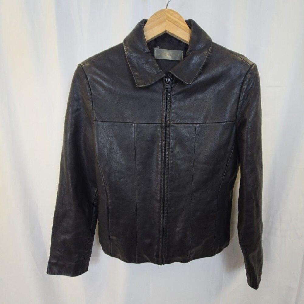 Jones New York Jacket Womens Medium Black Leather Zip Front Lined Classic